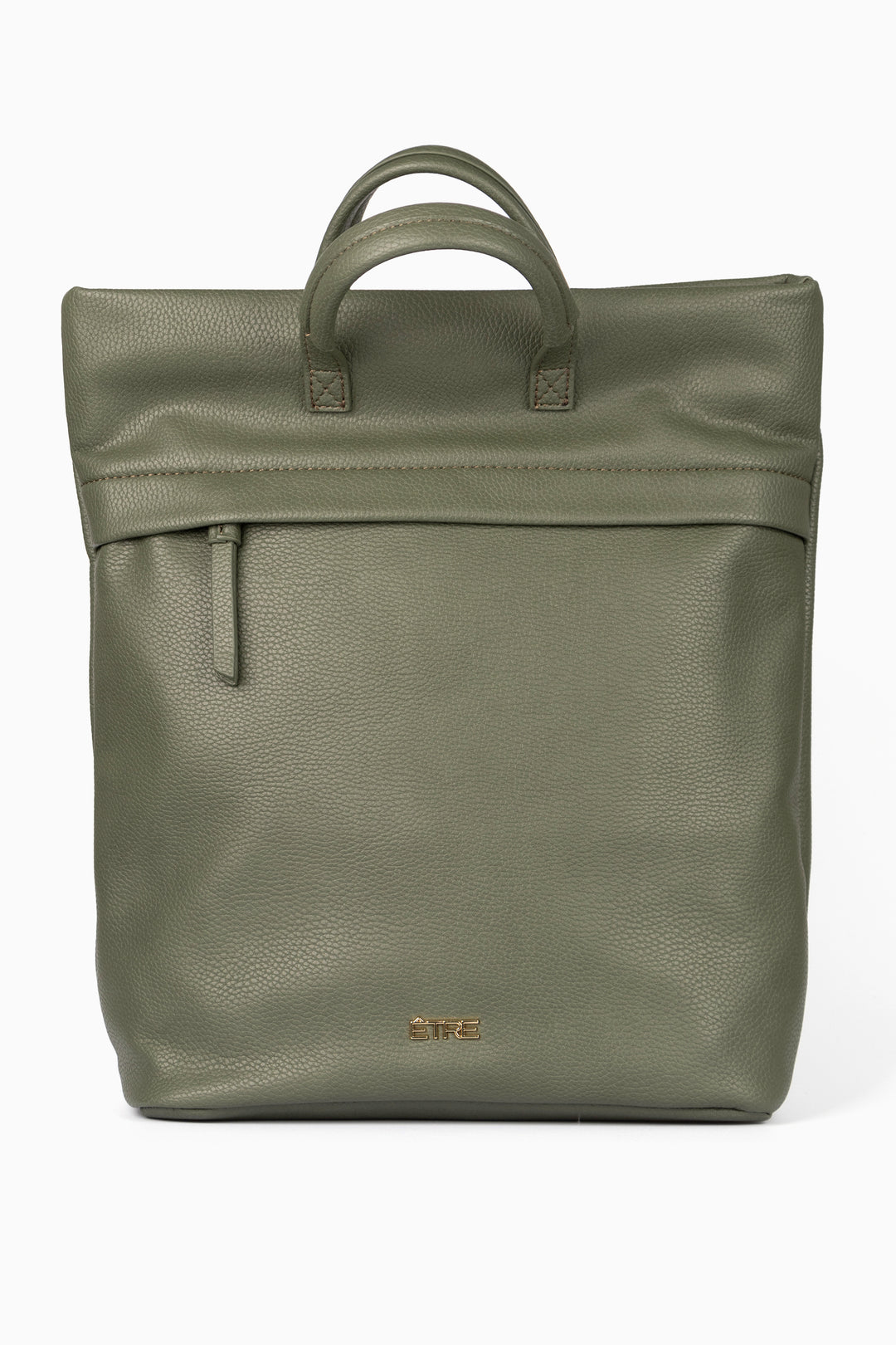 plain khaki green back pack with top handles and a zip closure, the bag is made from faux leather PU