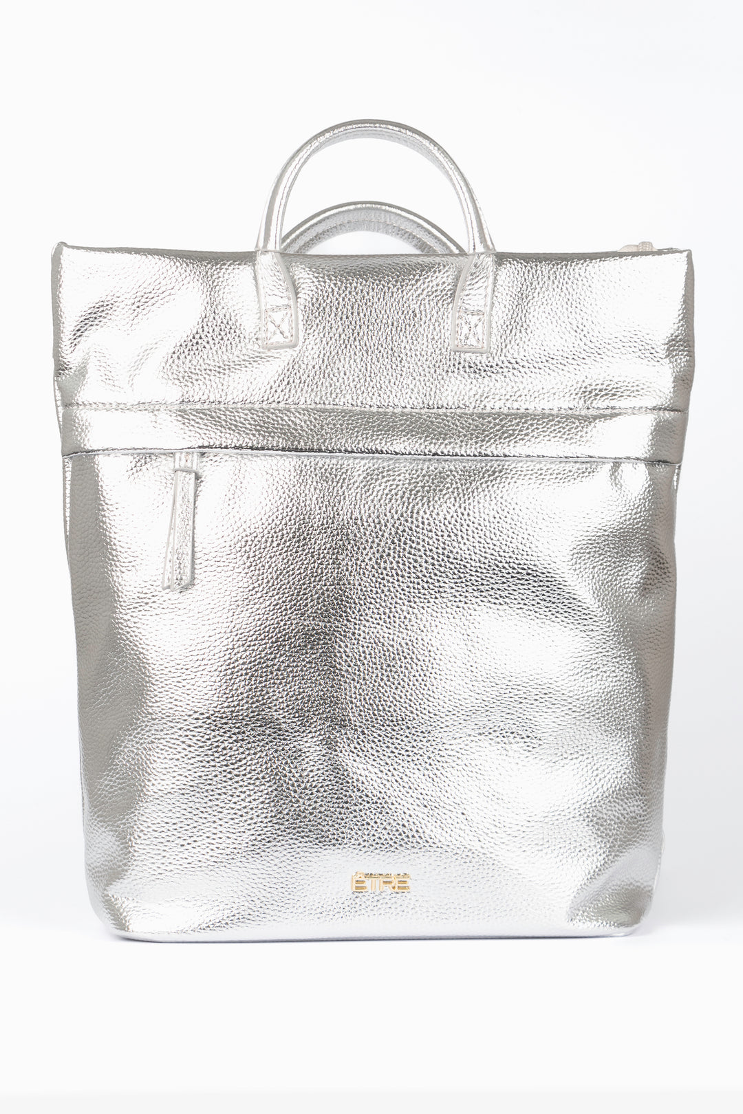 silver metallic back pack with top handles and a zip closure, the bag is made from faux leather PU