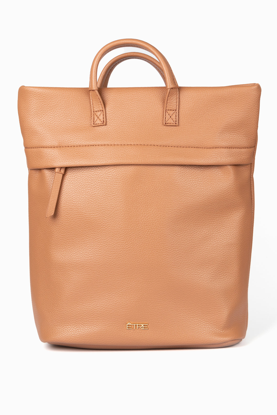 plain tan back pack with top handles and a zip closure, the bag is made from faux leather PU