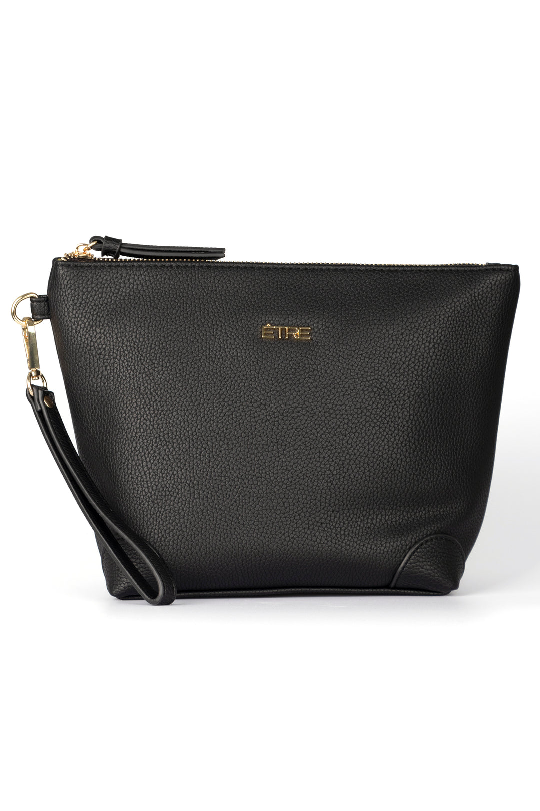 black faux leather vanity bag with a detachable wrist strap and top zip closure