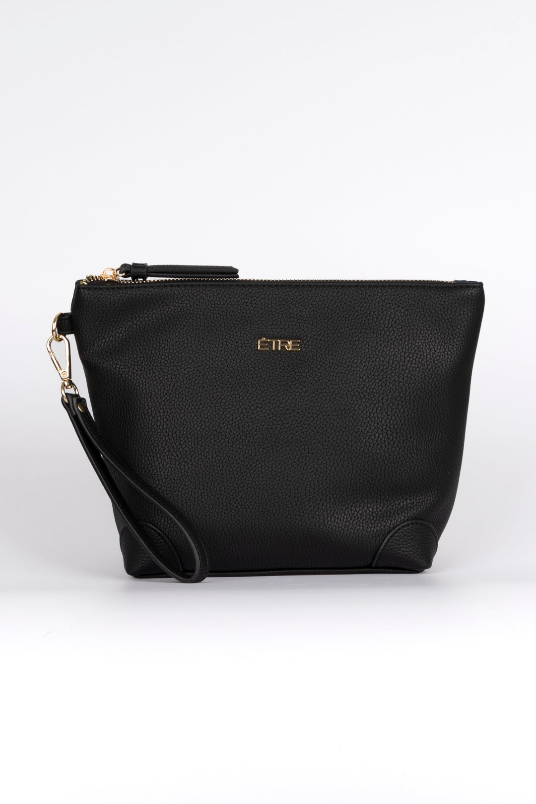 black faux leather vanity bag with a detachable wrist strap and top zip closure