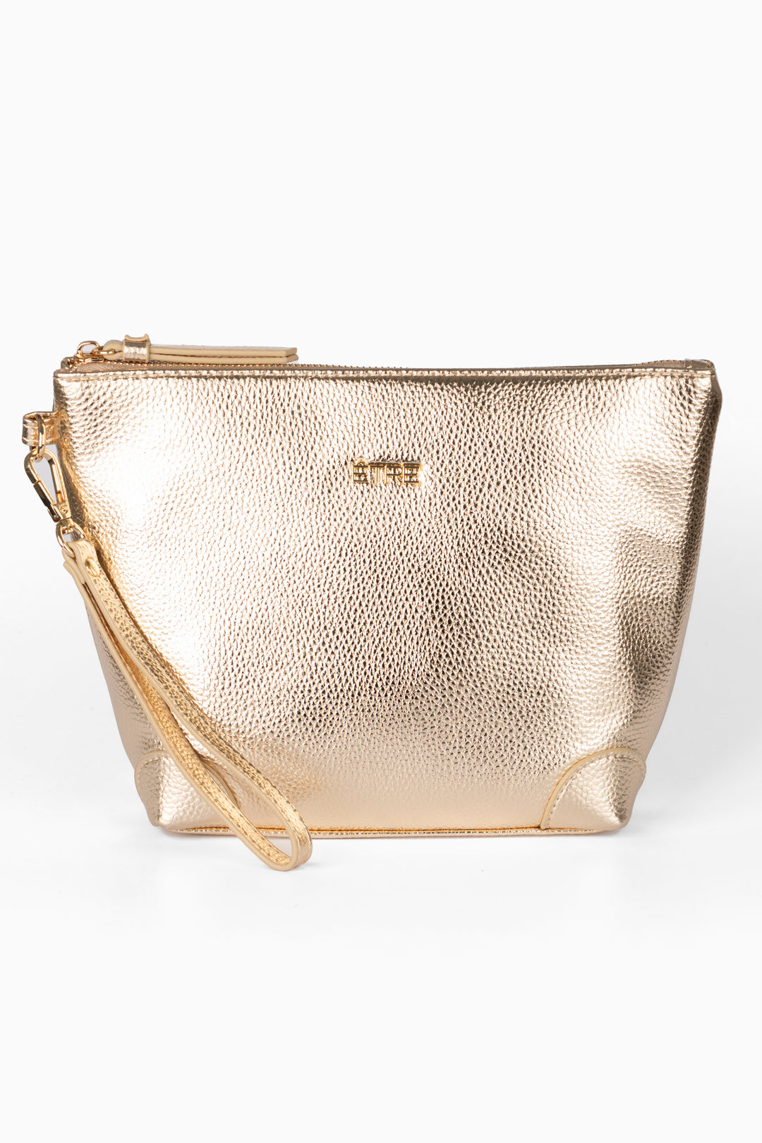 gold faux leather vanity bag with a detachable wrist strap and top zip closure