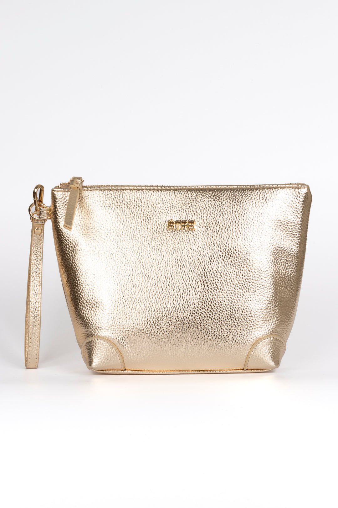 gold faux leather vanity bag with a detachable wrist strap and top zip closure