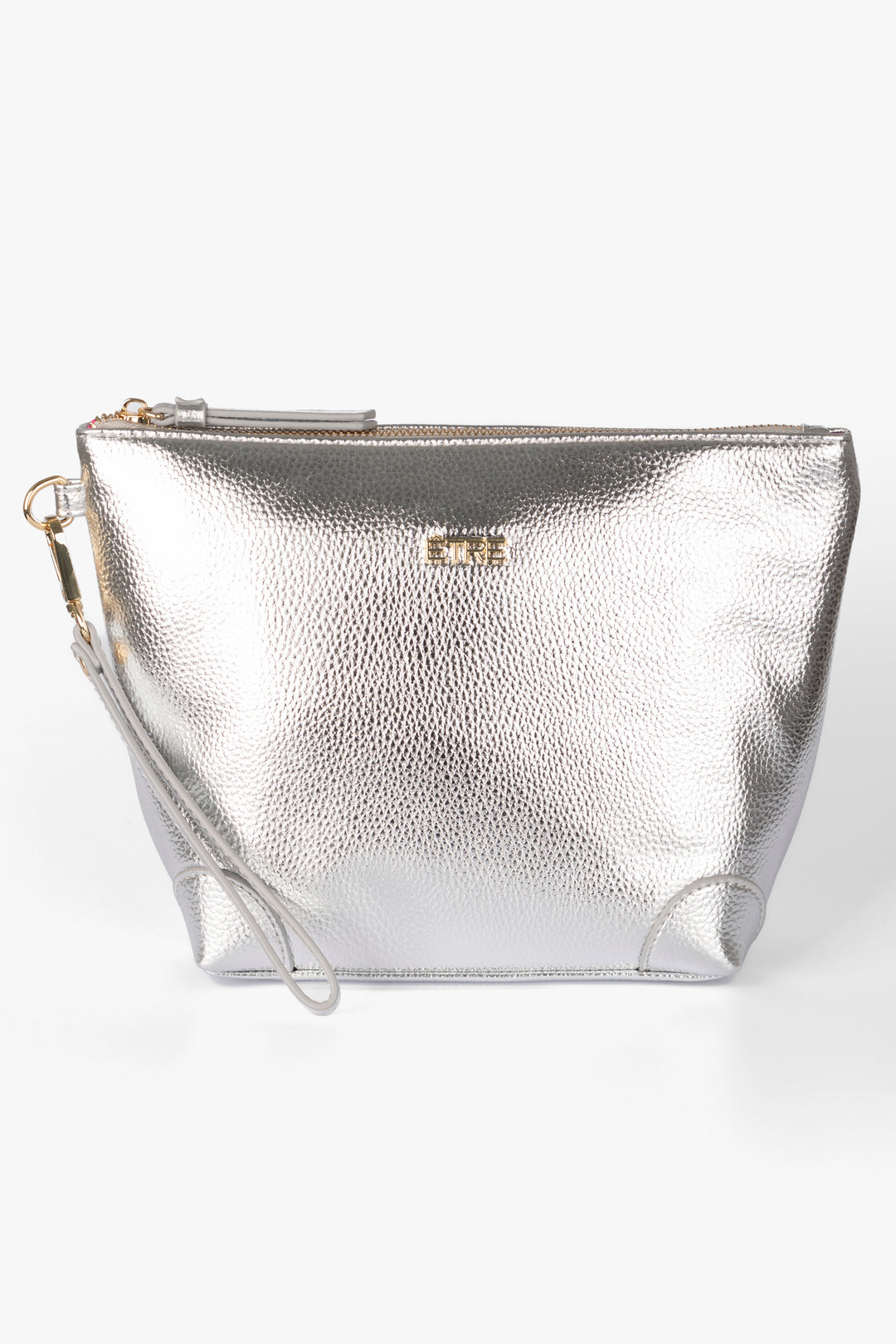 silver faux leather vanity bag with a detachable wrist strap and top zip closure