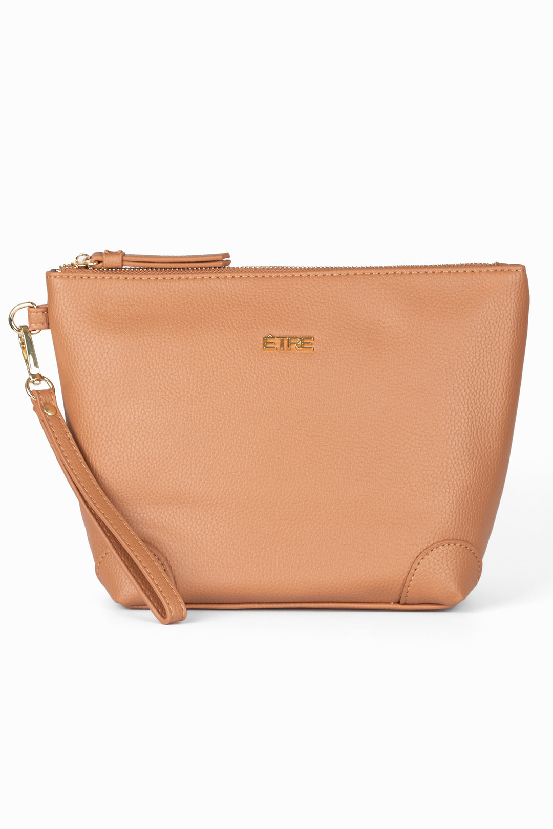  tan faux leather vanity bag with a detachable wrist strap and top zip closure