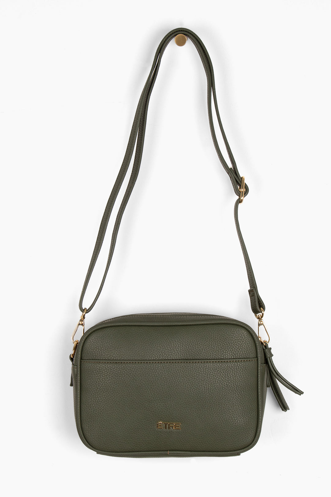 khaki green pebbled faux leather crossbody bag with detachable bag strap and gold hardware