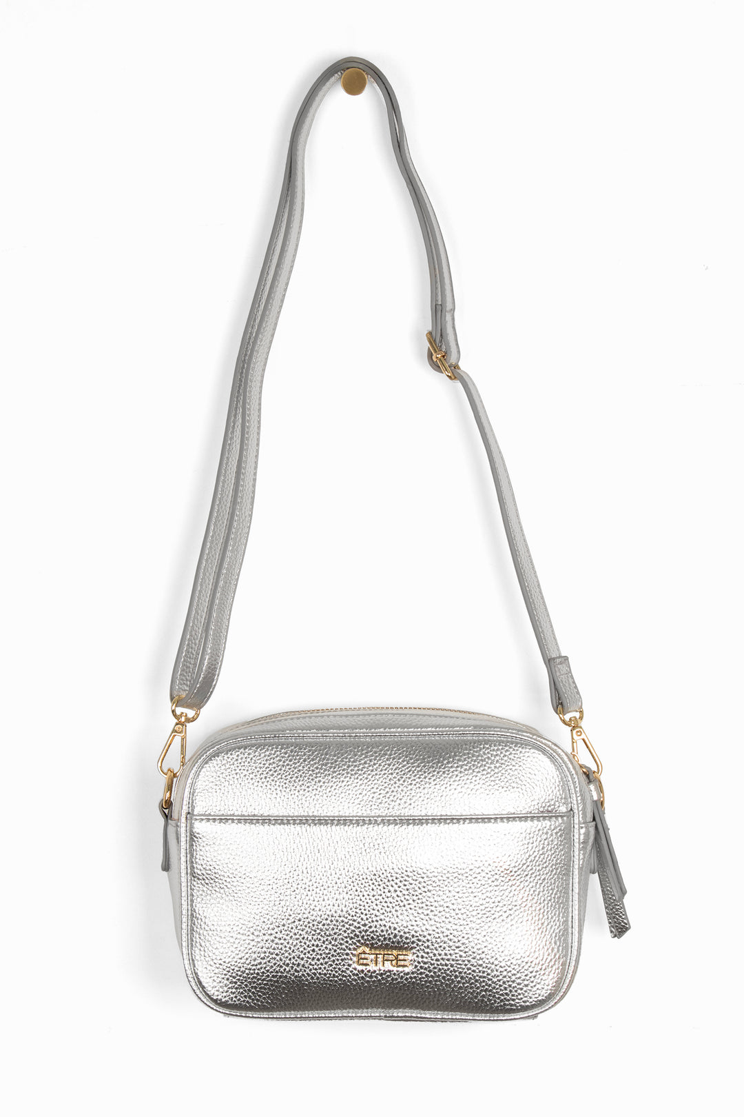 metallic silver faux leather crossbody bag with detachable bag strap