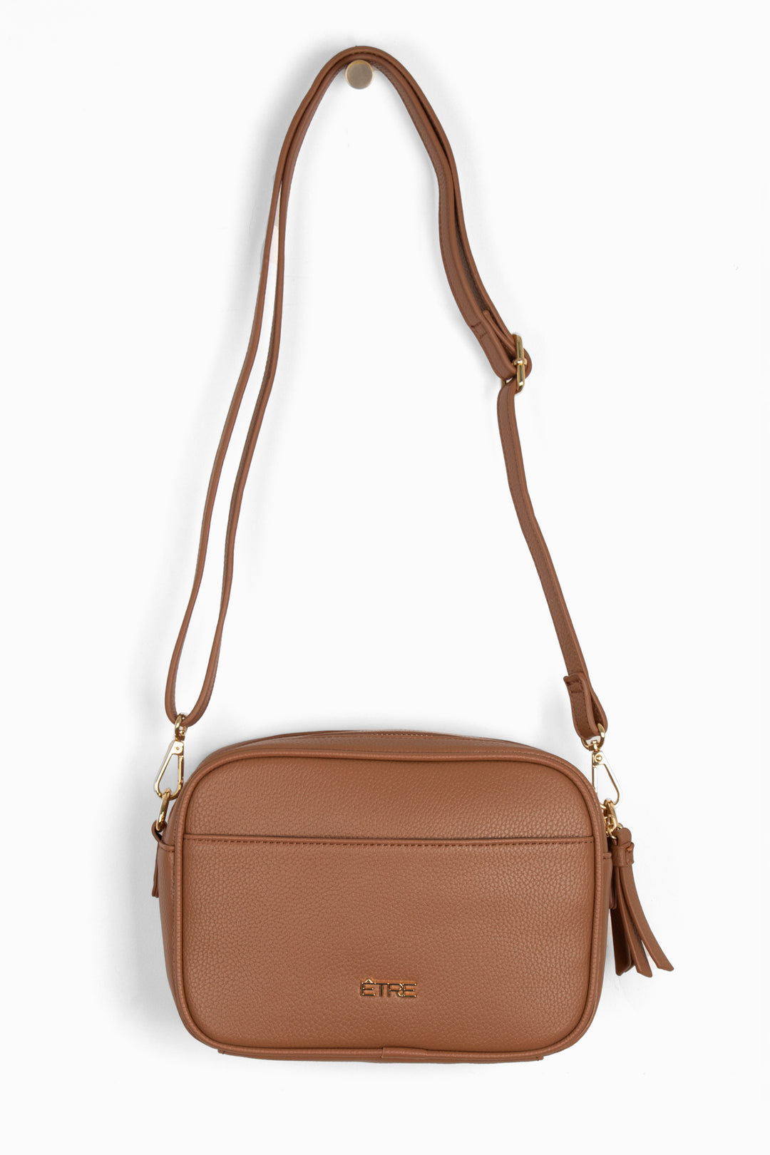 tan brown pebbled faux leather crossbody bag with detachable bag strap and gold hardware