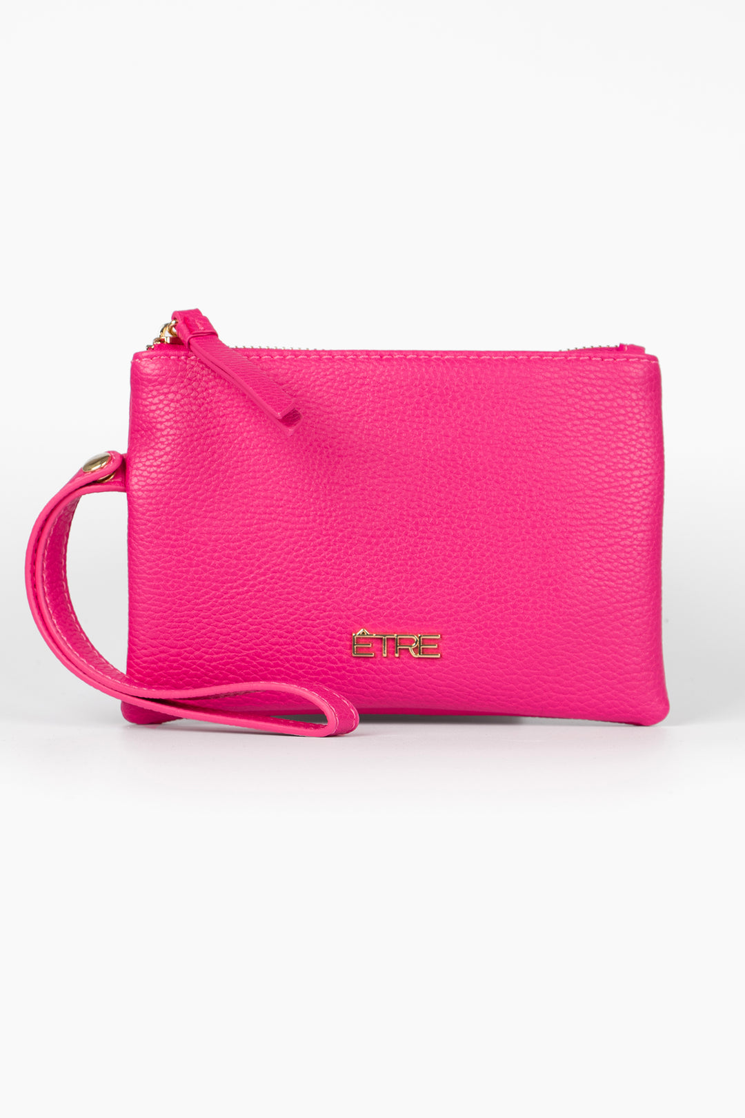 fuchsia pink faux leather purse with a wristlet strap and zip closure