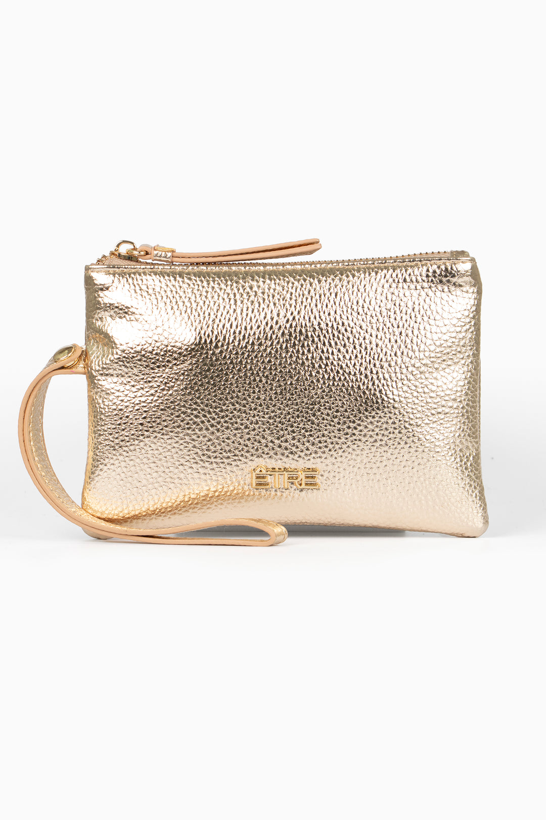 metallic gold faux leather purse with a wristlet strap and zip closure