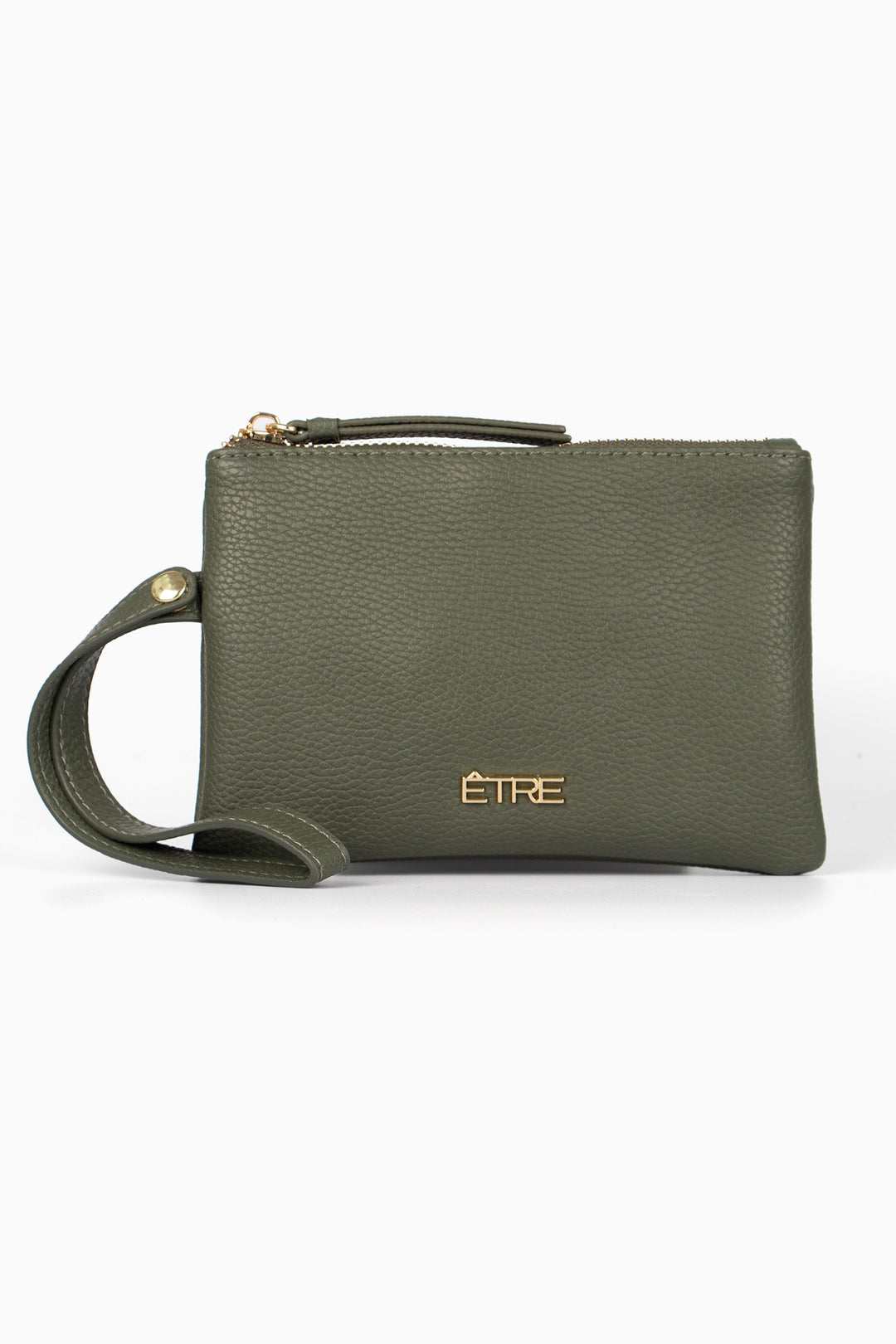 khaki green faux leather purse with a wristlet strap and zip closure