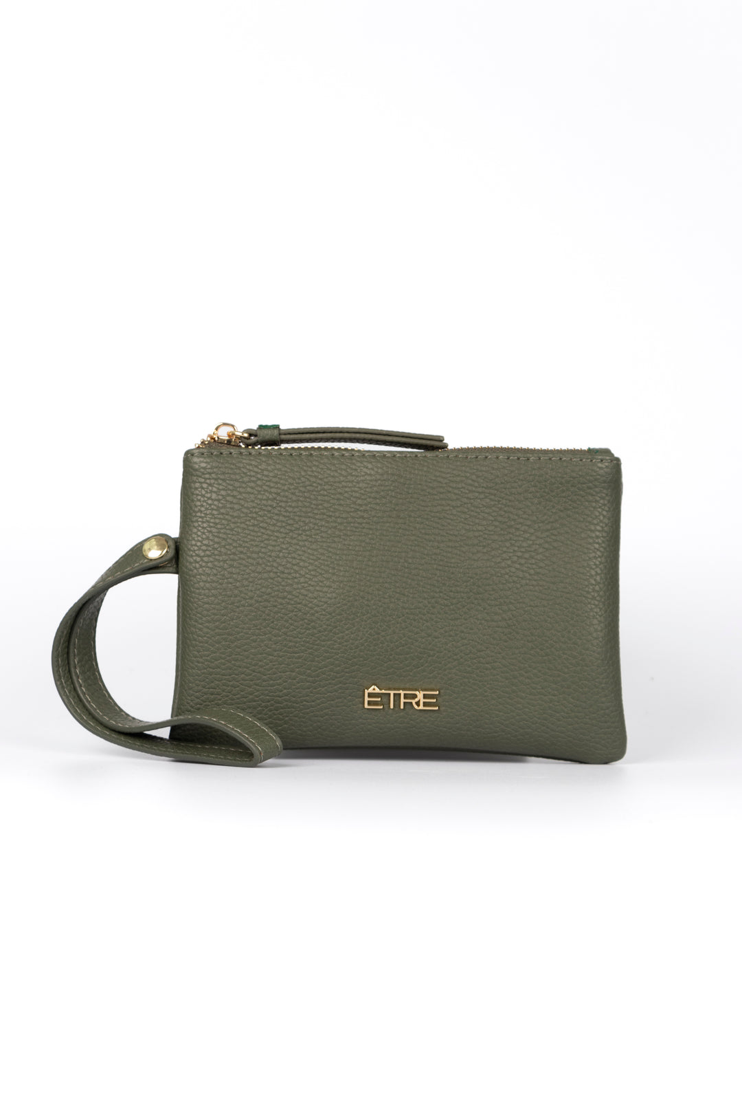 khaki green faux leather purse with a wristlet strap and zip closure