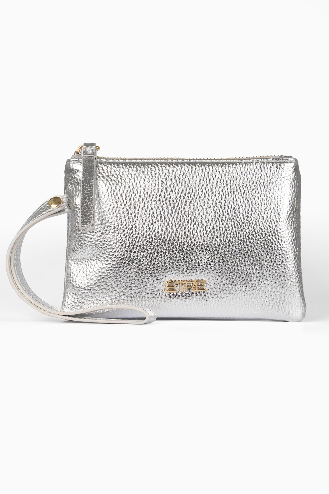 metallic silver faux leather purse with a wristlet strap and zip closure