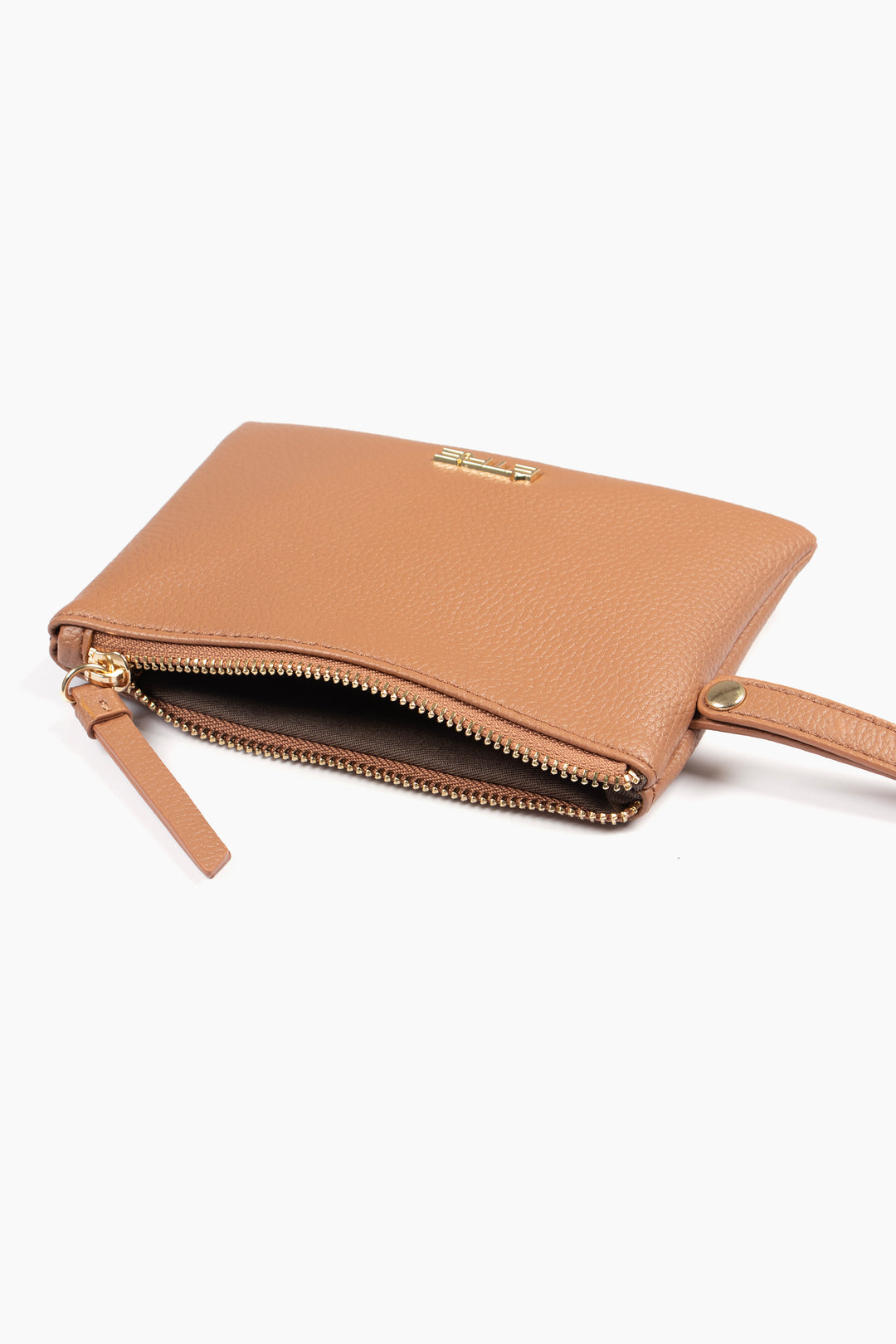 showing the purse laying flat, it is open showing the zip closure and inner lining. 