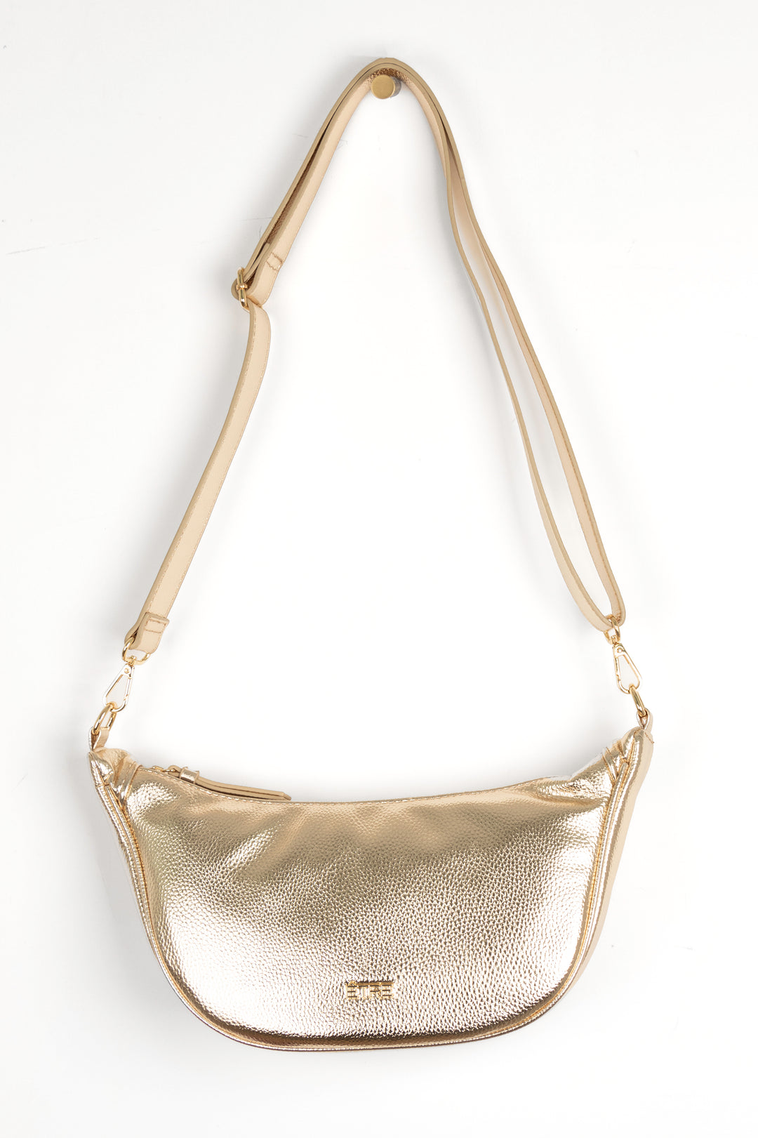 gold faux leather crossbody half moon sling bag with detachable bag strap