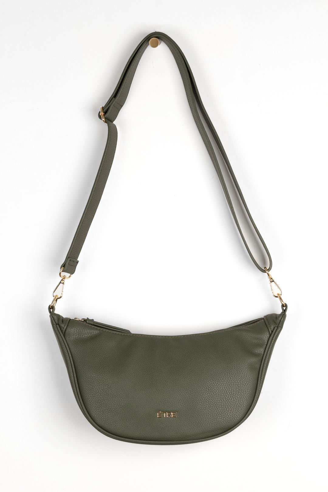 khaki green faux leather crossbody half moon sling bag with detachable bag strap