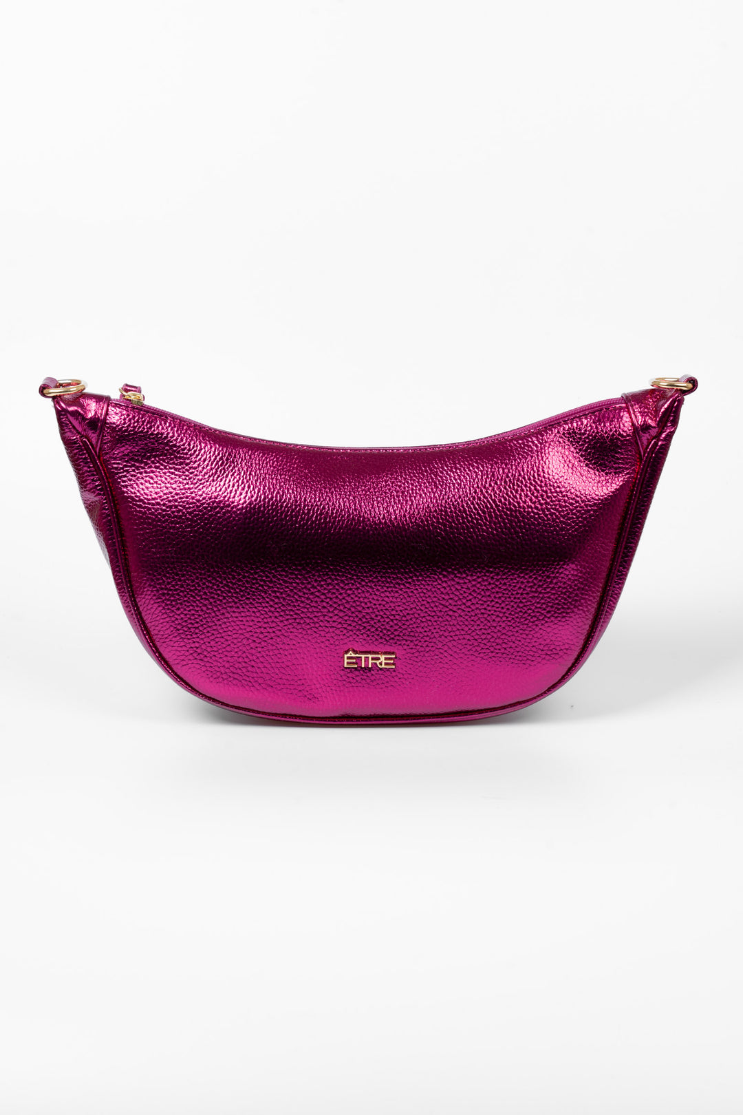 stevie-half-moon-crossbody-bag-hot-pink-metallic-faux-leather-front-view-gold-etre-logo