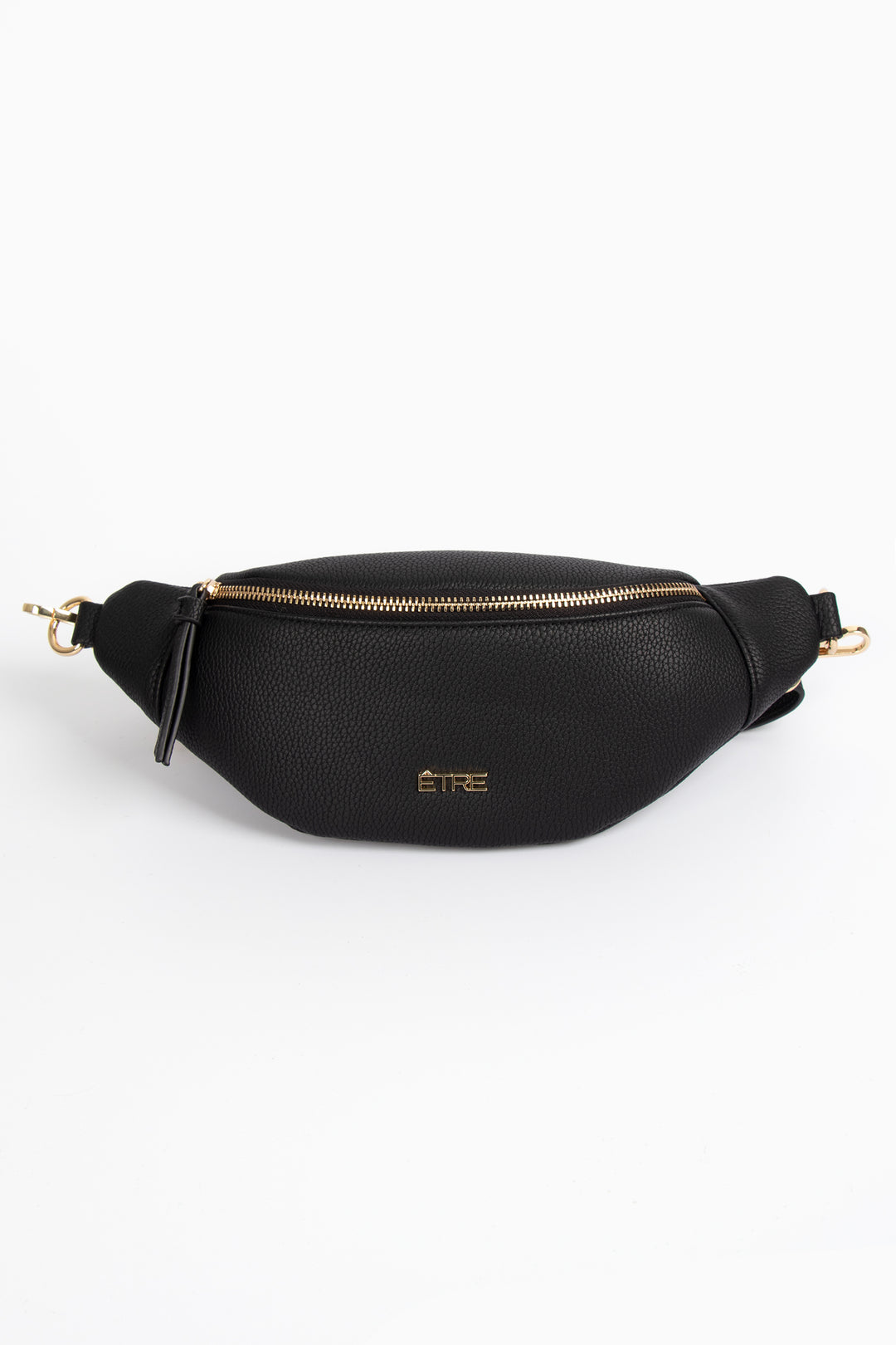 black pebbled faux leather bum bum with a gold zip closing compartment accessible from the top of the bag