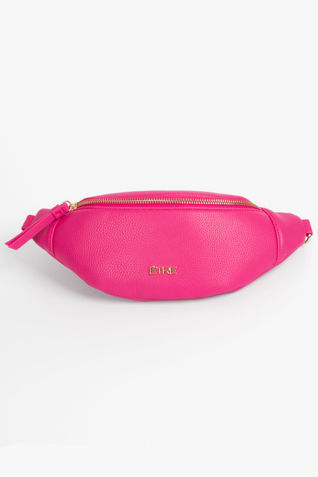 fuchsia pink pebbled faux leather bum bag with gold zip closure and gold hardware