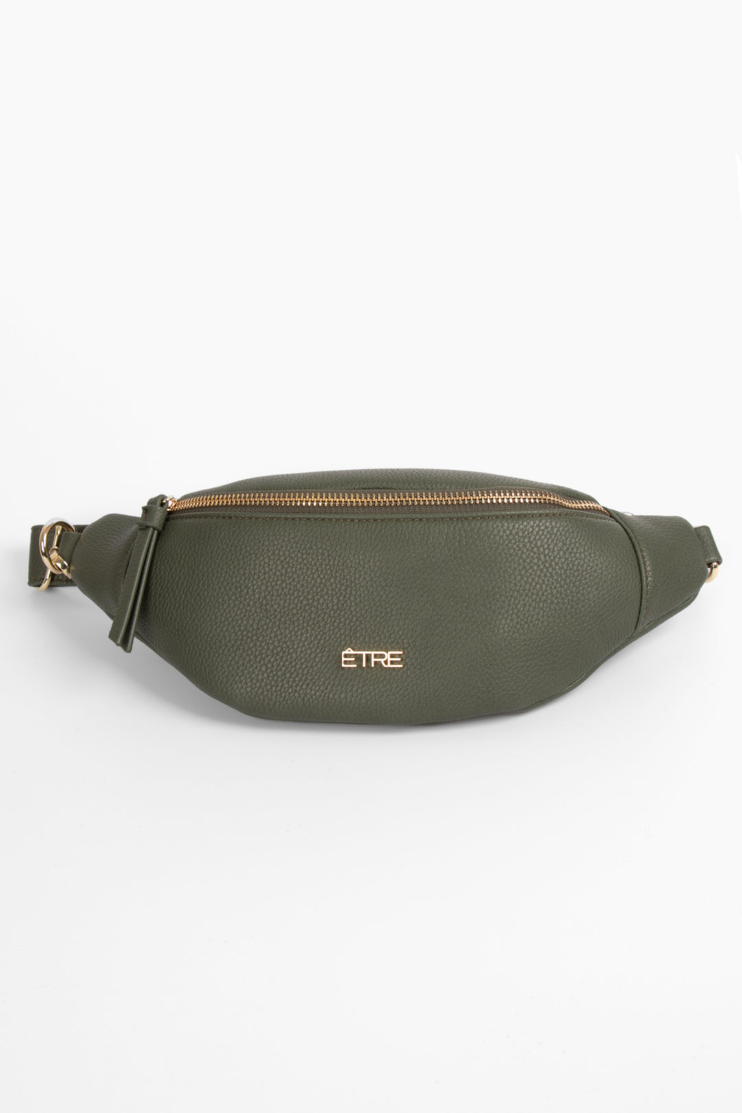 khaki pebbled faux leather bum bag with gold zip closure and gold hardware