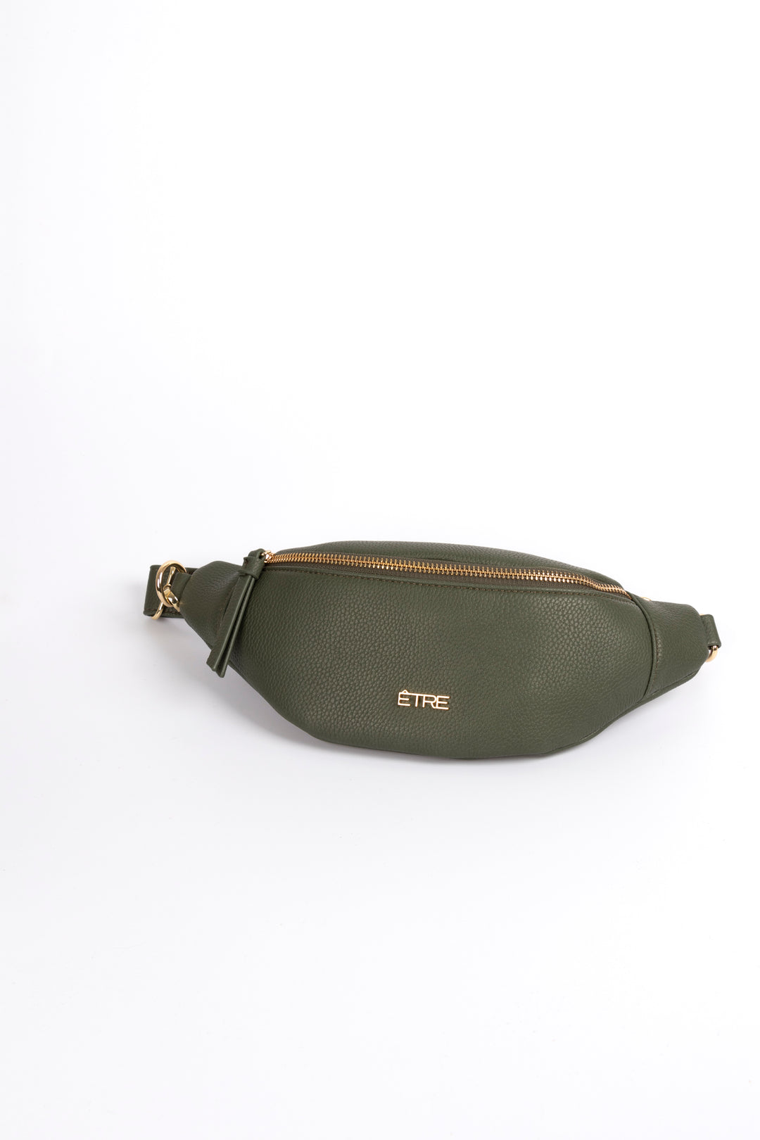 khaki pebbled faux leather bum bag with gold zip closure and gold hardware