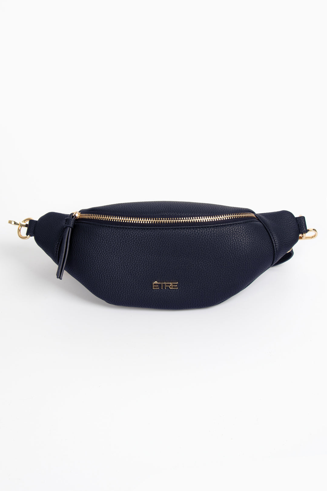 navy blue pebbled faux leather bum bag with gold zip closure and gold hardware