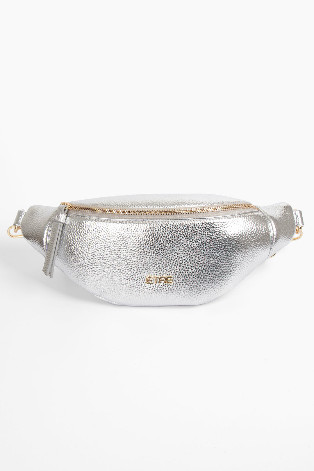 silver metallic faux leather bum bag with gold zip closure and gold hardware