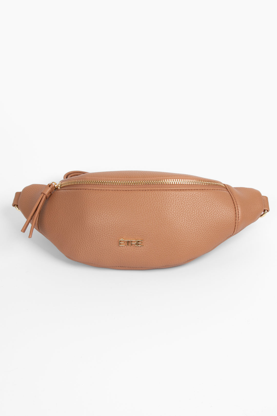 tan pebbled faux leather bum bag with gold zip closure and gold hardware