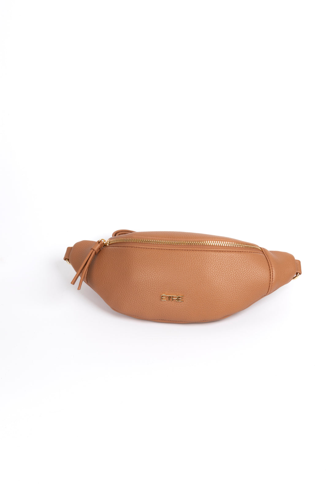 tan pebbled faux leather bum bag with gold zip closure and gold hardware