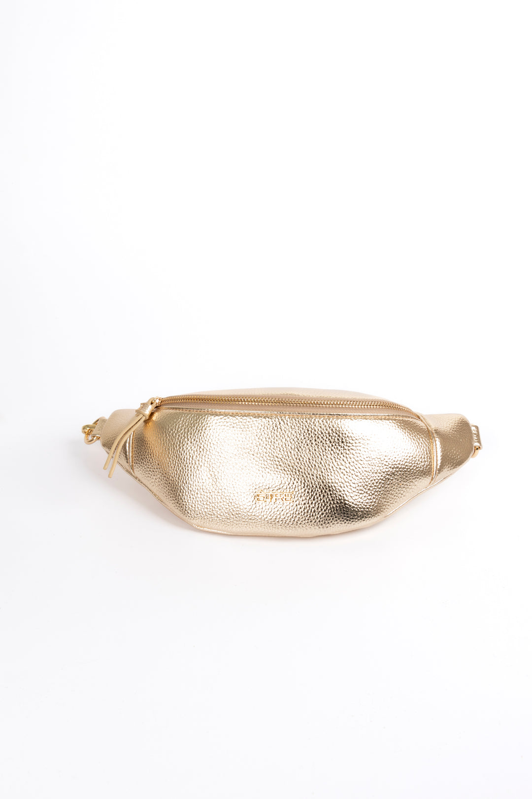 gold metallic faux leather bum bag with gold zip closure and gold hardware