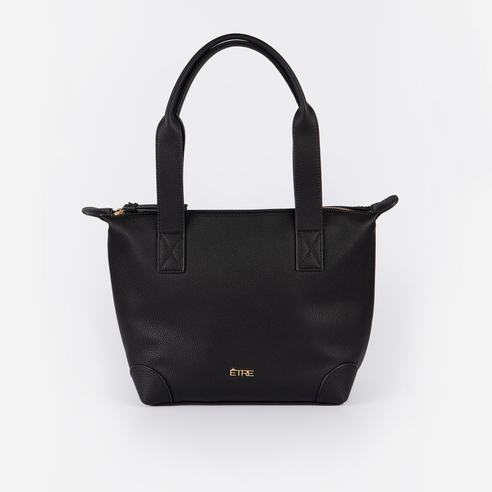 plain black faux leather medium sized tote bag with gold hardware