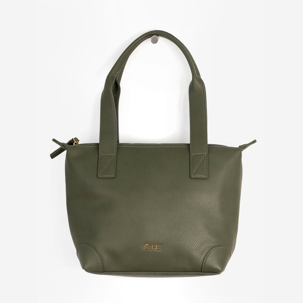 plain khaki green faux leather medium sized tote bag with gold hardware