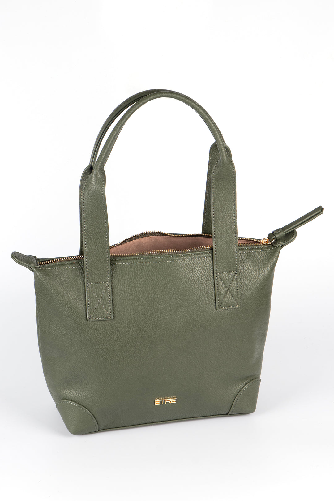 showing the tote bag unzipped, showing a spacious internal main compartment. 