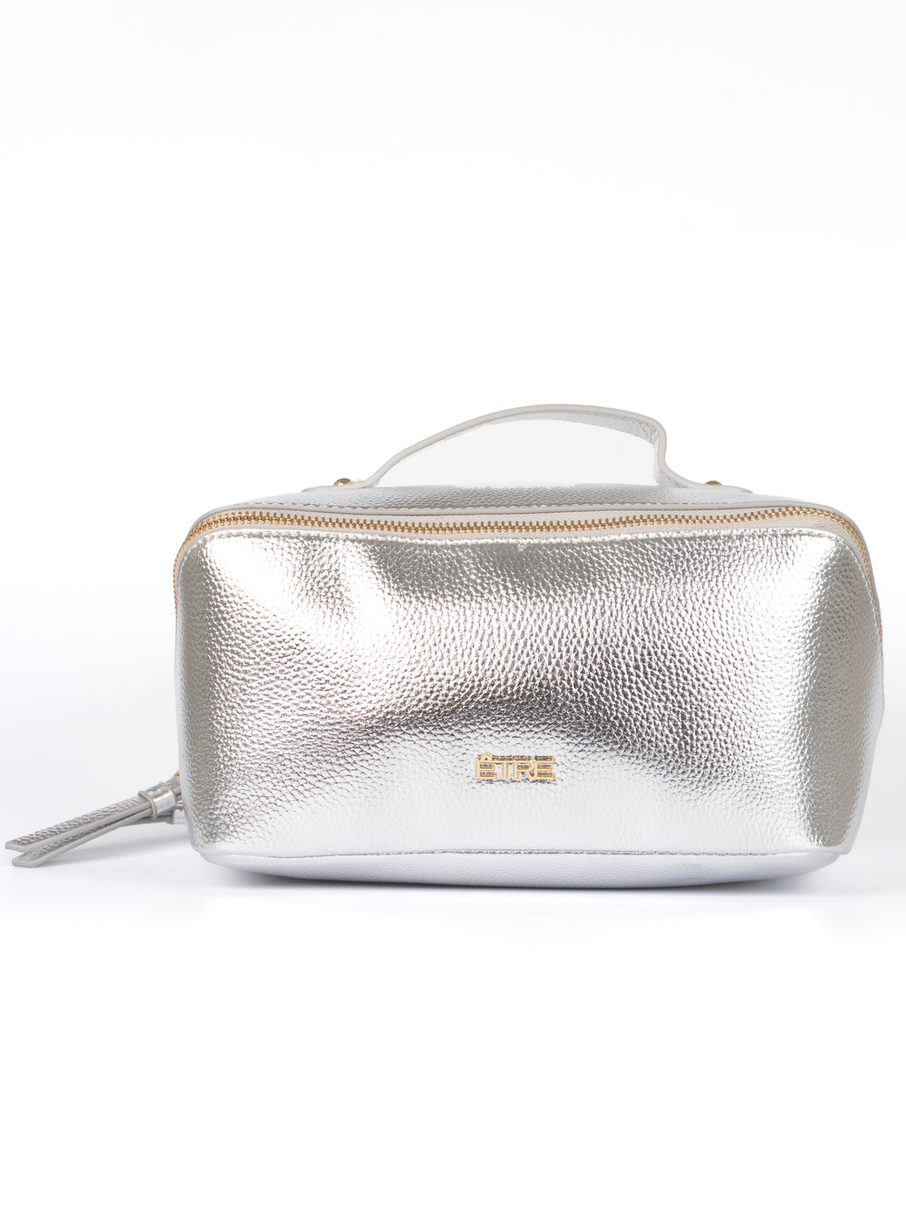 metallic silver faux leather vanity case with a top handle. the cosmetics bag has zip fastening closure