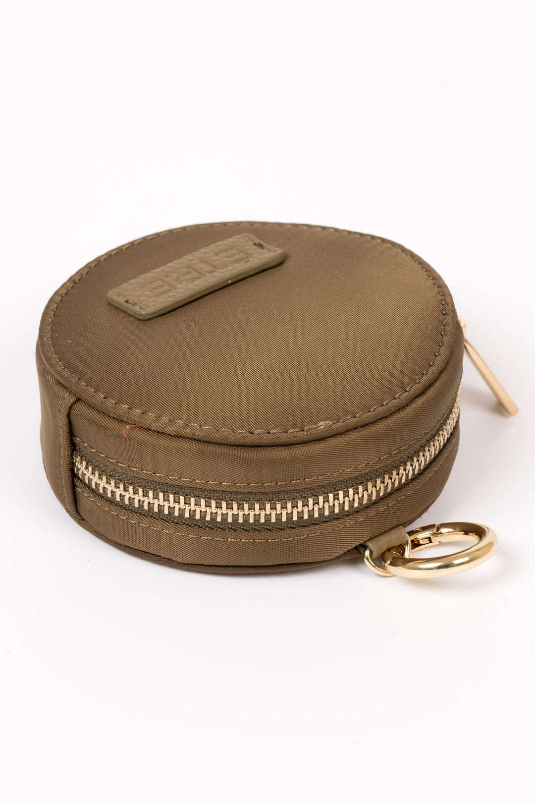 finley-round-coin-purse-moss-green-nylon-side-view-zip-closure-clip-on-hoop