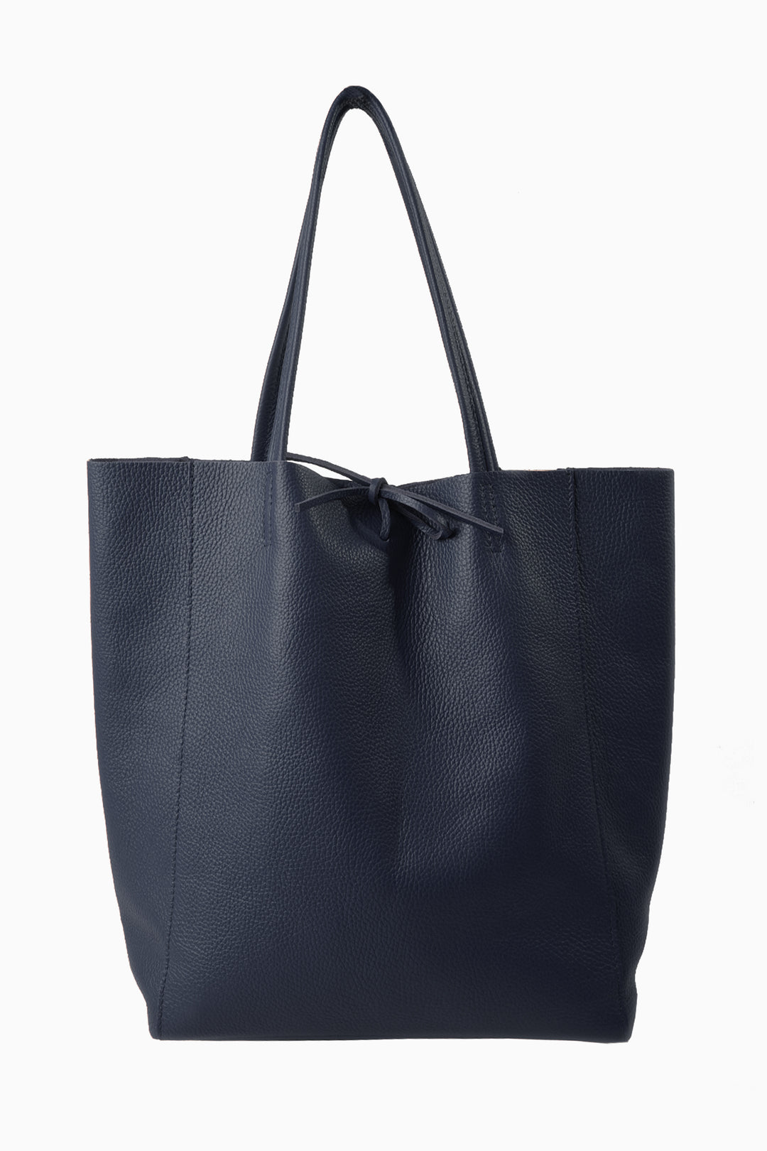 navy blue pebbled leather tote bag with a top tie fastening and thin top carry handles.