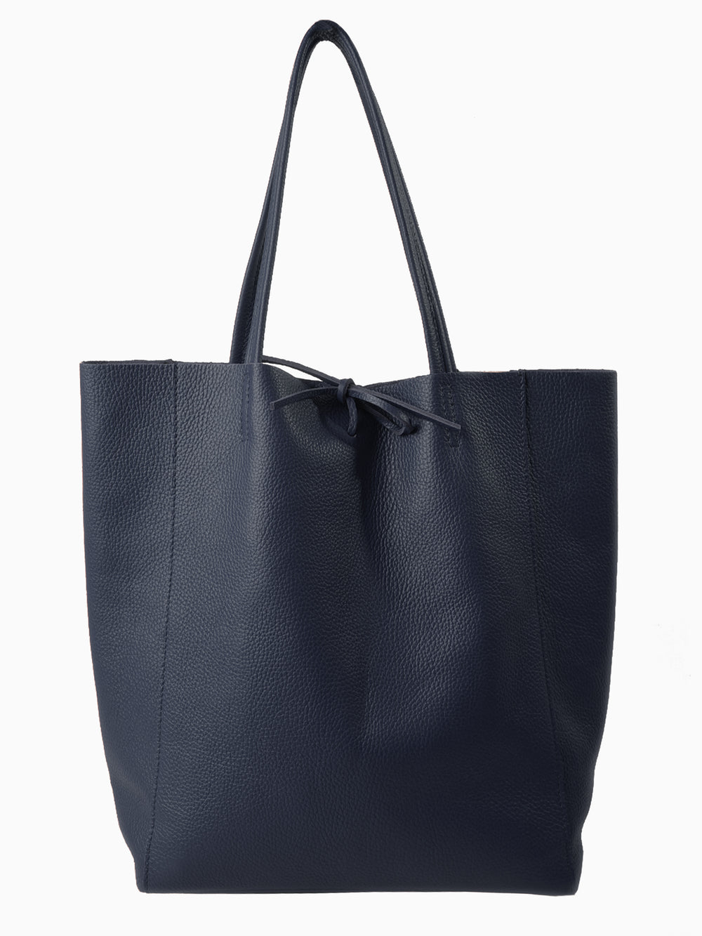 navy blue pebbled leather tote bag with a top tie fastening and thin top carry handles.