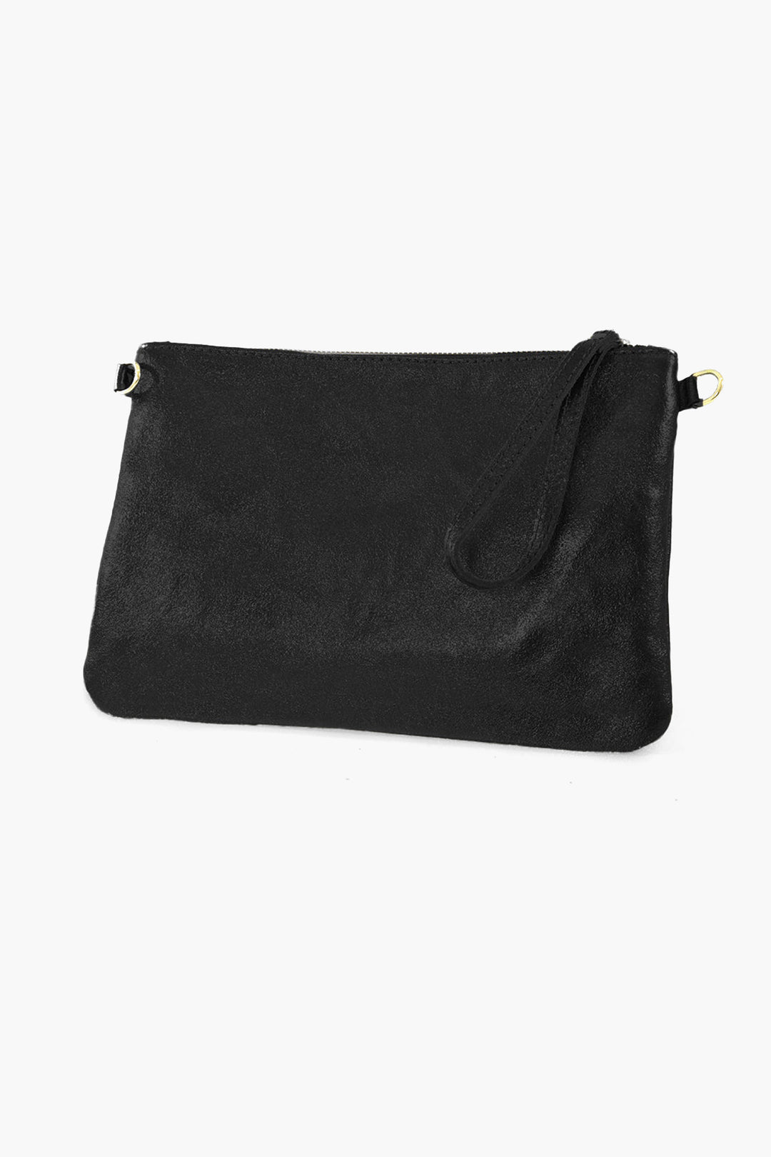 plain black pebbled leather clutch bag with visible wrist strap and shoulder stap attachments.