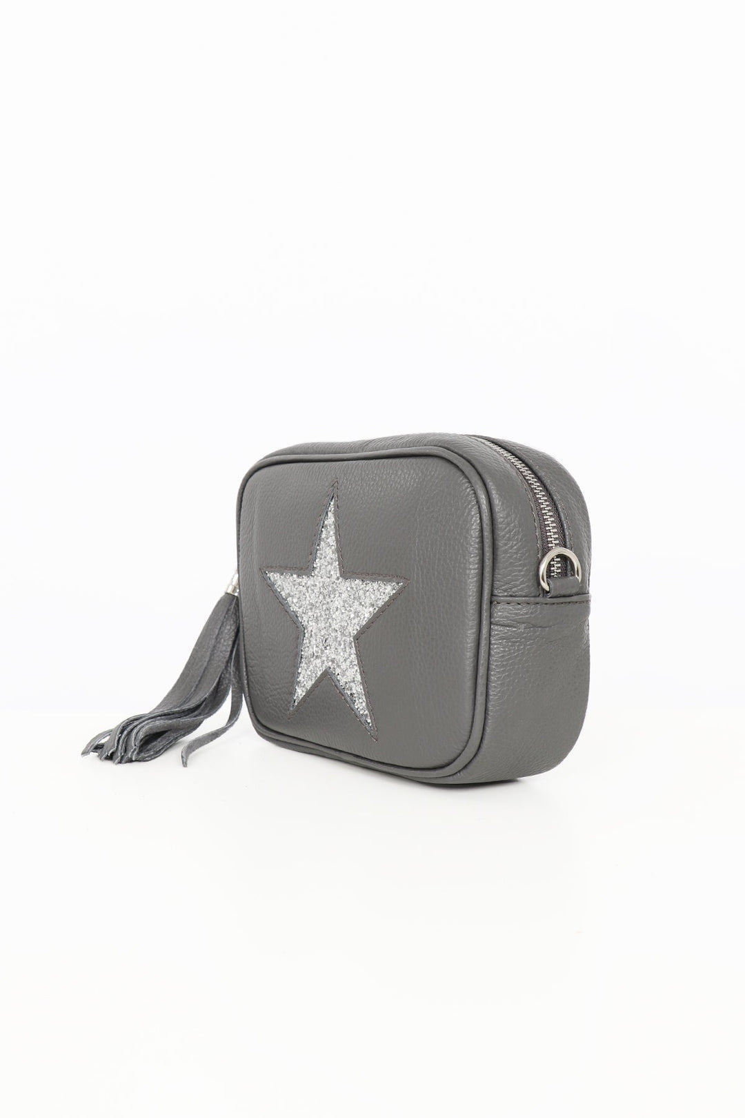 Dark Grey Sliver Glitter Genuine Italian Leather Star Detail Camera Bag With Silver Hardware