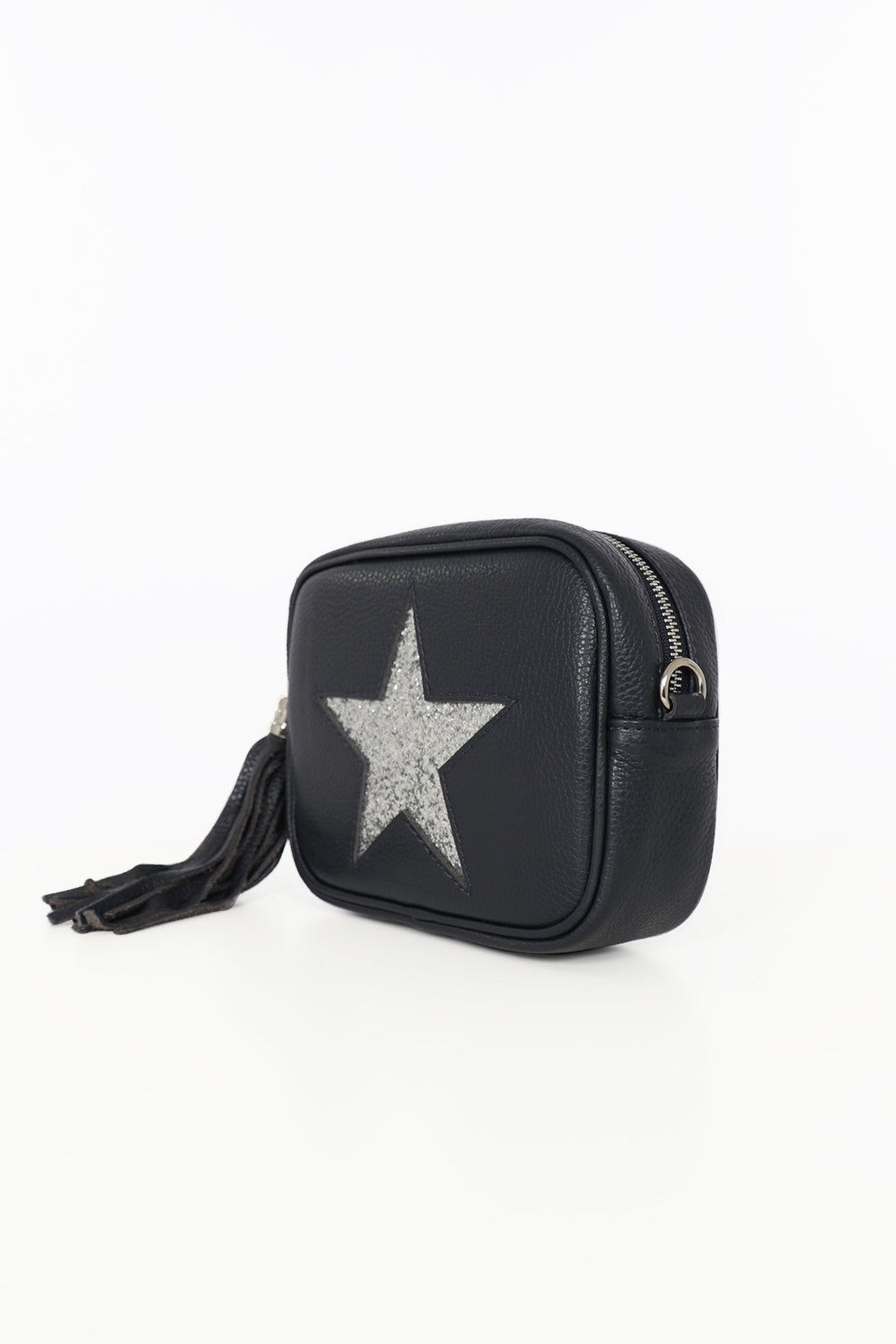 Navy Blue Sliver Glitter Genuine Italian Leather Star Detail Camera Bag With Silver Hardware