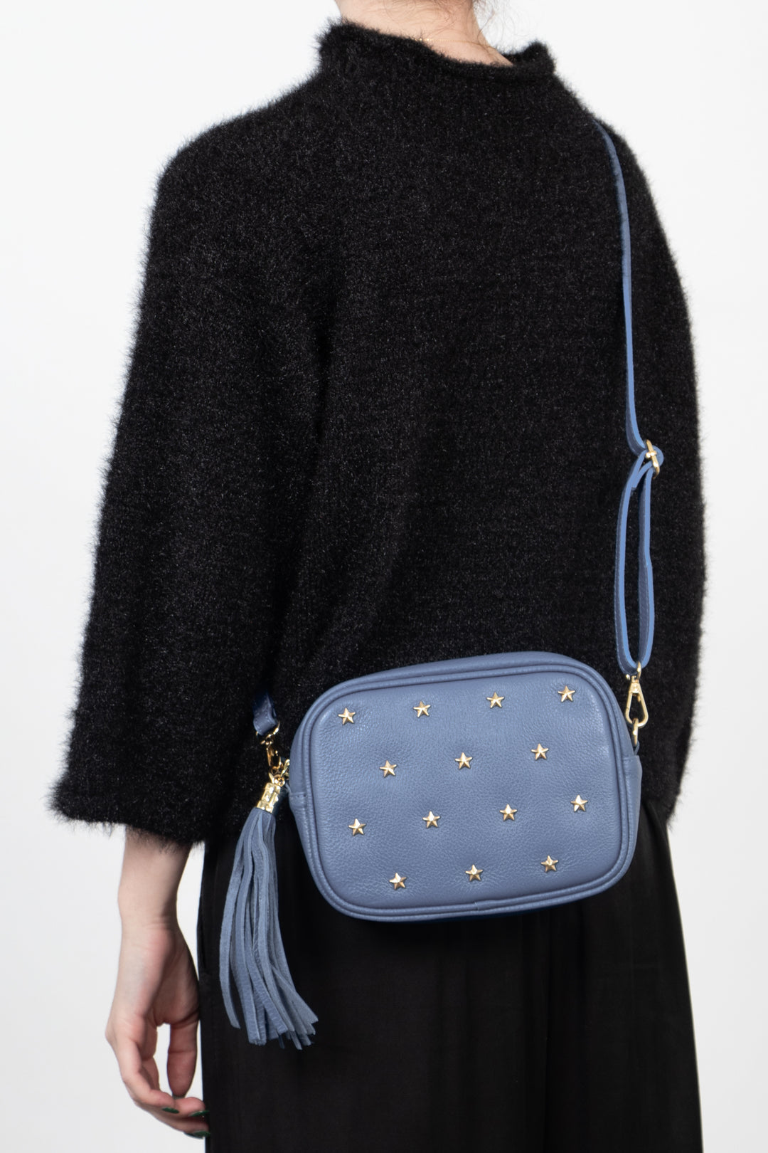 Eloise - Italian Leather Star Studded Crossbody Bag - Navy Blue, Pebbled