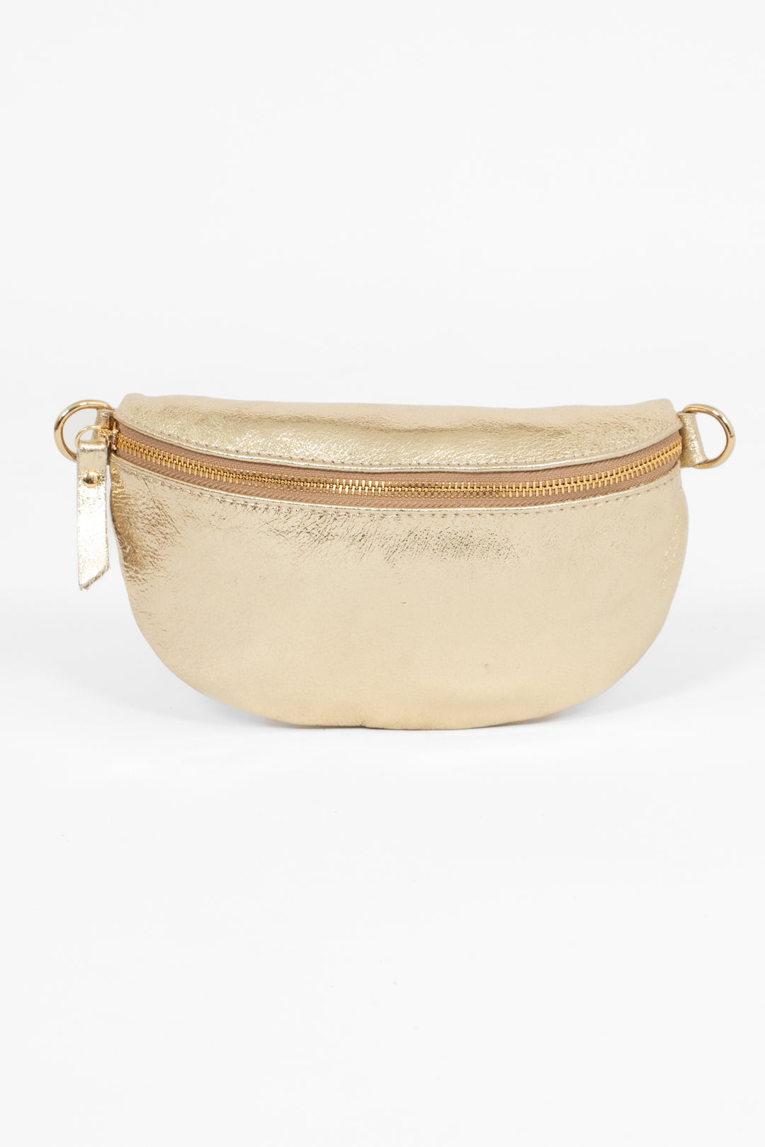  a metallic gold leather half moon bag. the bag has a gold zip fastening compartment at the top and gold coloured attachment hoops on each side. 