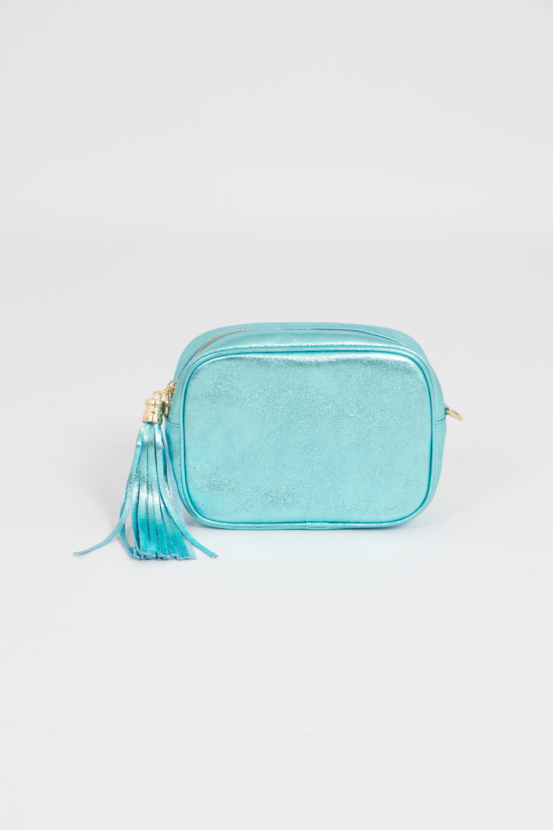 aqua blue metallic crossbody camera bag with a decorative tassel and gold zip closure