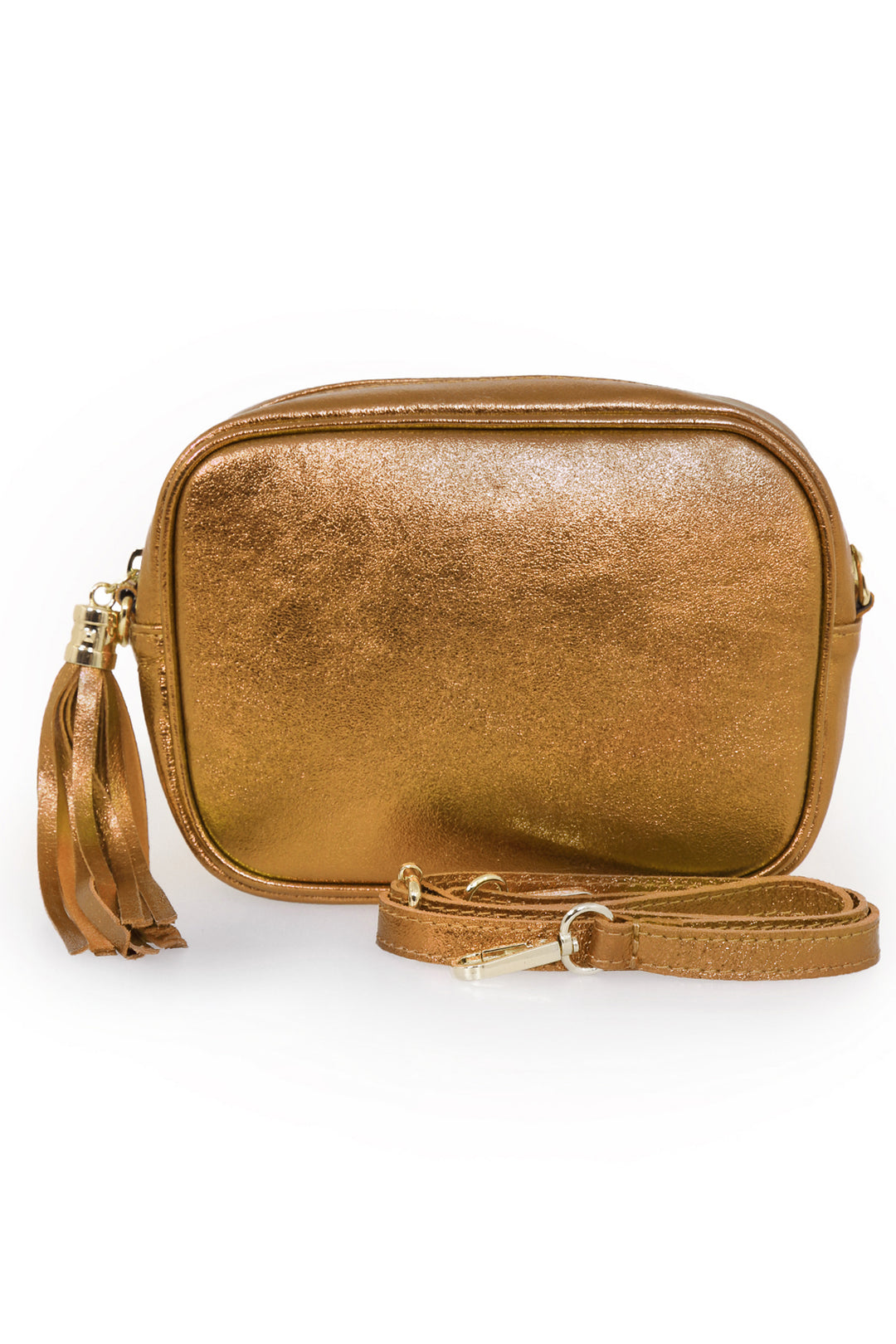 metallic bronze leather crossbody camera bag with a detachable strap and gold hardware