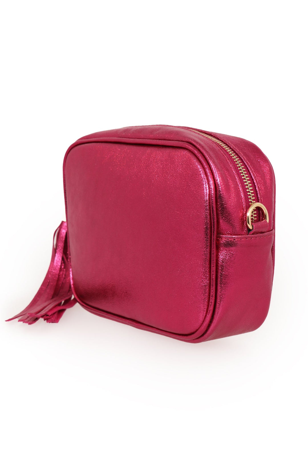 metallic berry leather camera bag, showing the zip closure on the top of the bag