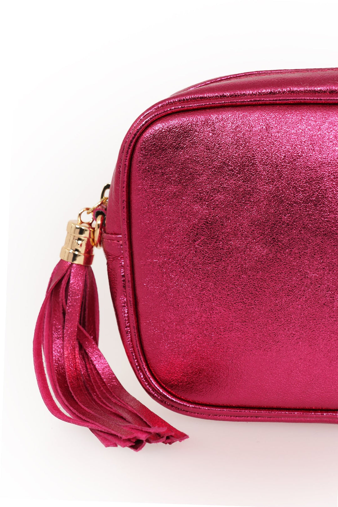 close up of the metallic berry leather bag