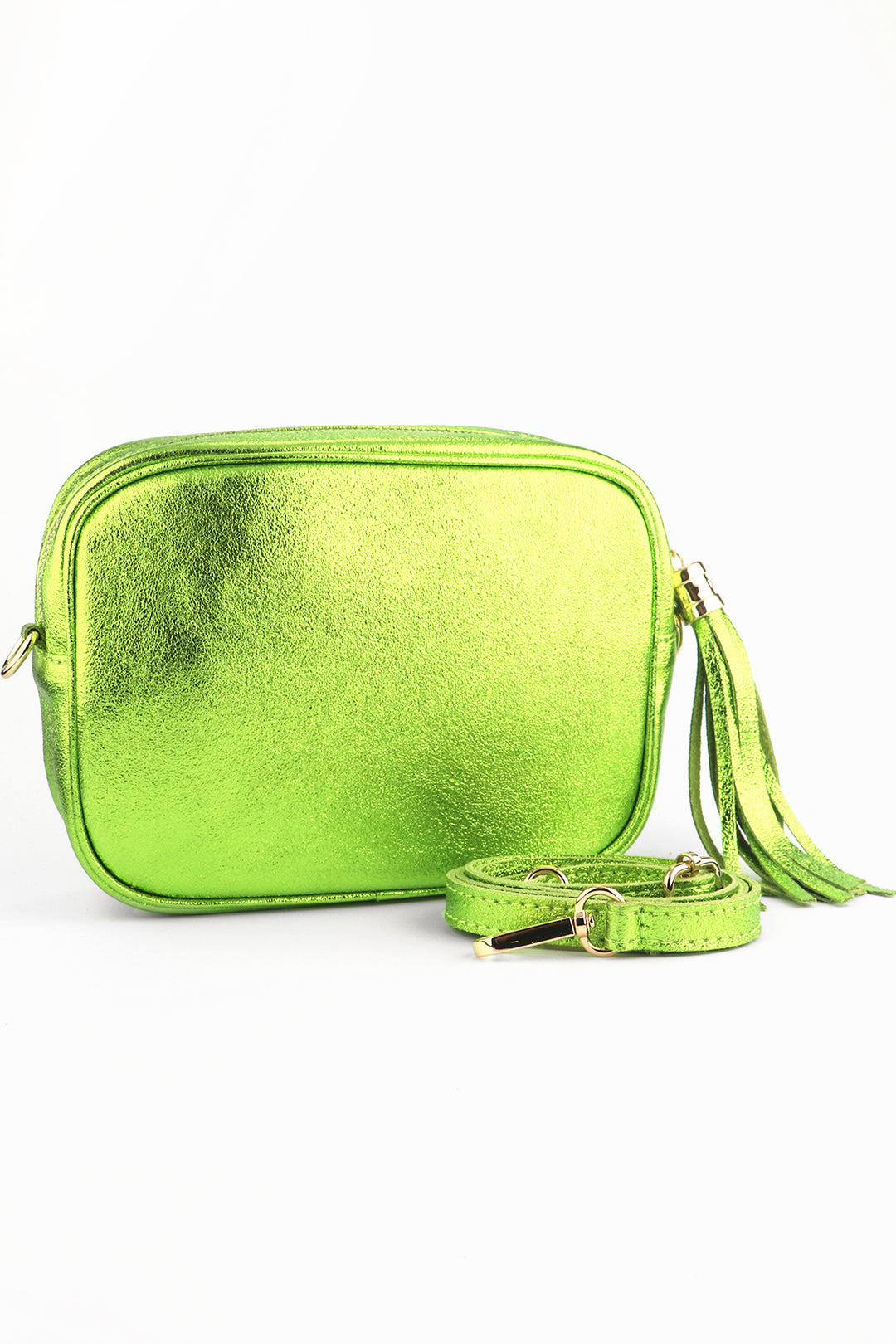 metallic lime green leather crossbody camera bag with matching detachable bag strap