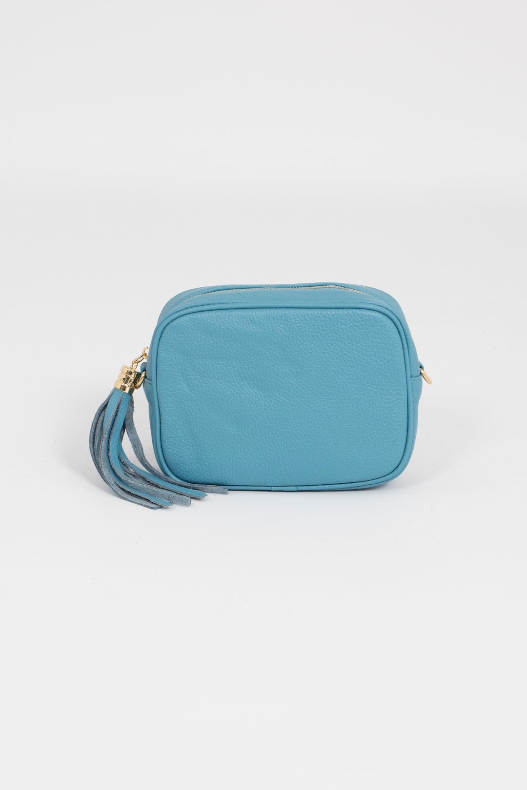 sky blue pebbled leather crossbody camera bag with detachable bag strap and gold hardware