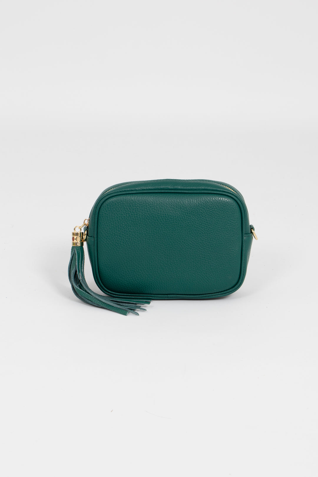 emerald green pebbled crossbody bag with a detachable strap and gold hardware