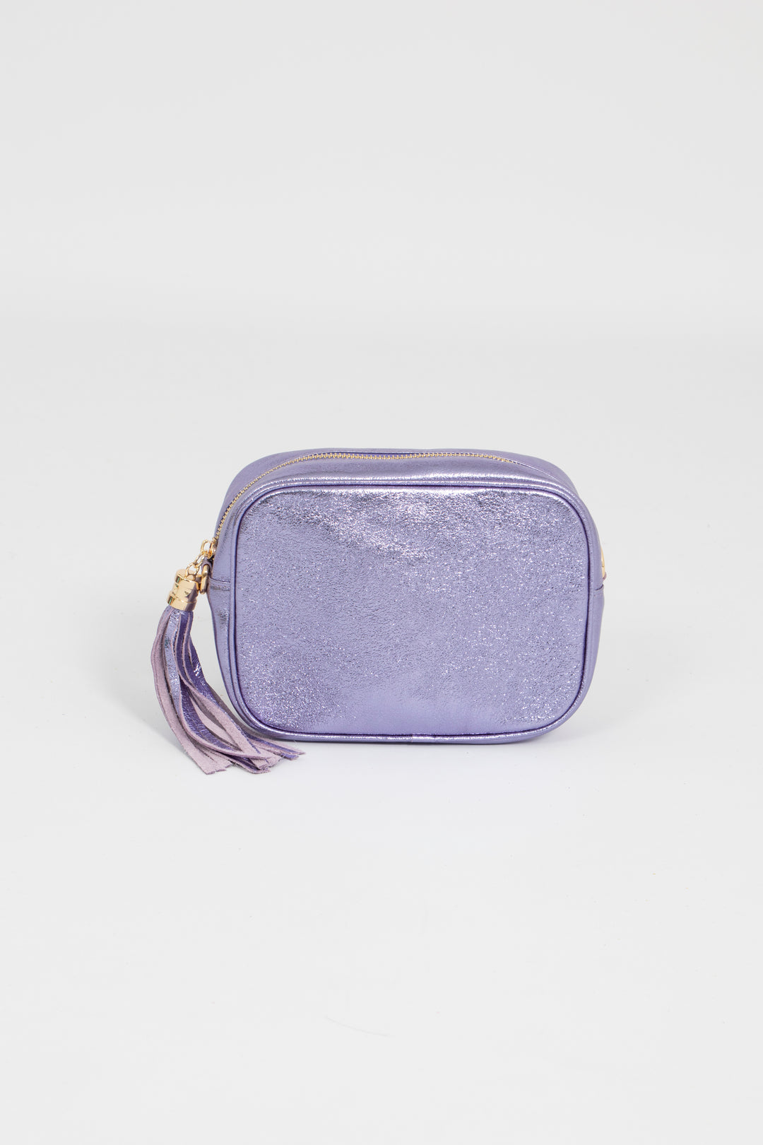 lilac metallic leather camera bag with a detachable adjustable bag strap